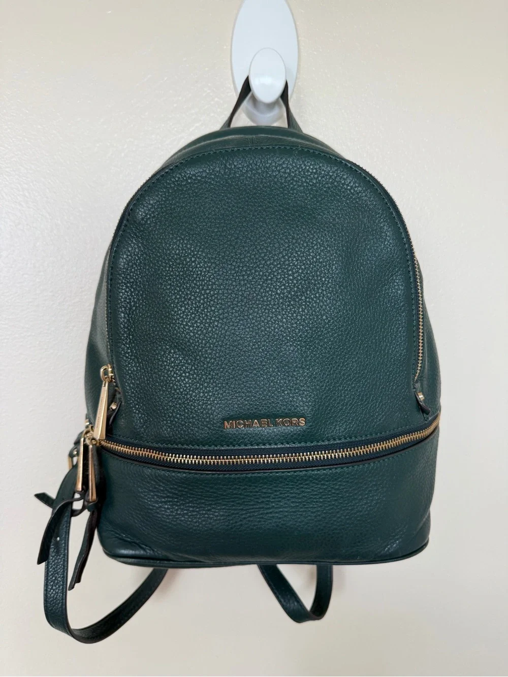 MICHAEL KORS Green Pebbled Leather Backpack Gold Hardware Zipper Inner Pocket